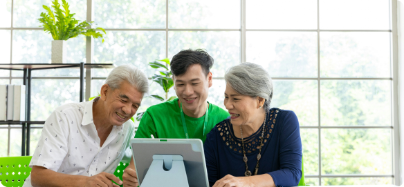 Graphic of a person showing something on a screen